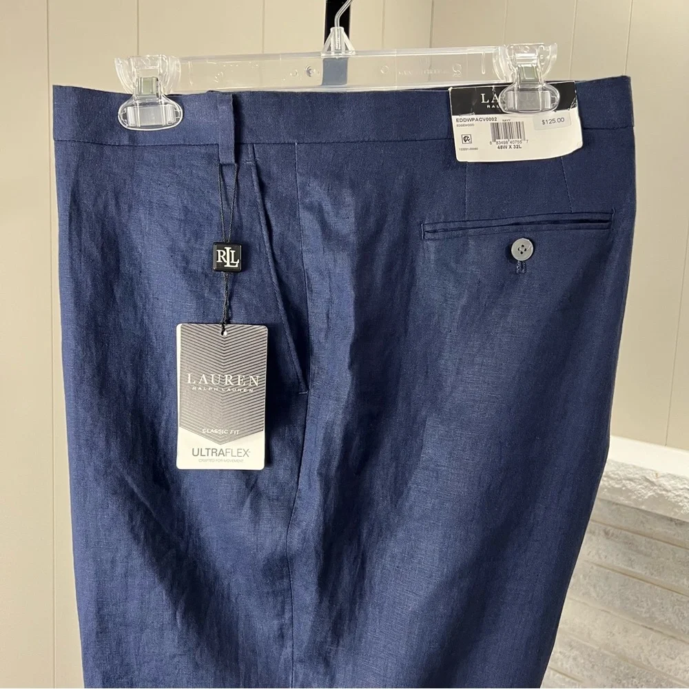 Lauren Ralph Lauren Classic Fit Linen Navy Blue Straight Leg Pants 48x32L NWT